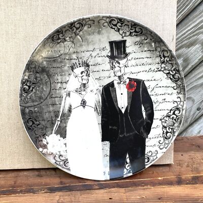 10.5'' FUN BONES Black White Skeleton Bride & Groom Wedding Gothic Dinner Plate