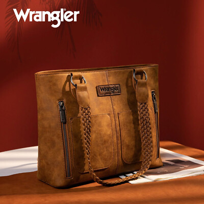 Wrangler Ladies Braided Detail Multi Pocket Concealed Carry Tote Bag Brown