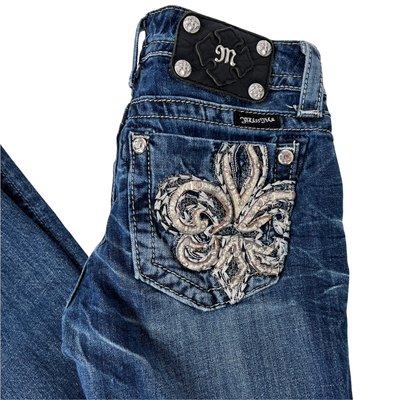 Miss Me Boot Cut Embellished Fleur De Lis Stretch Denim Jeans Size 26 x 31.5