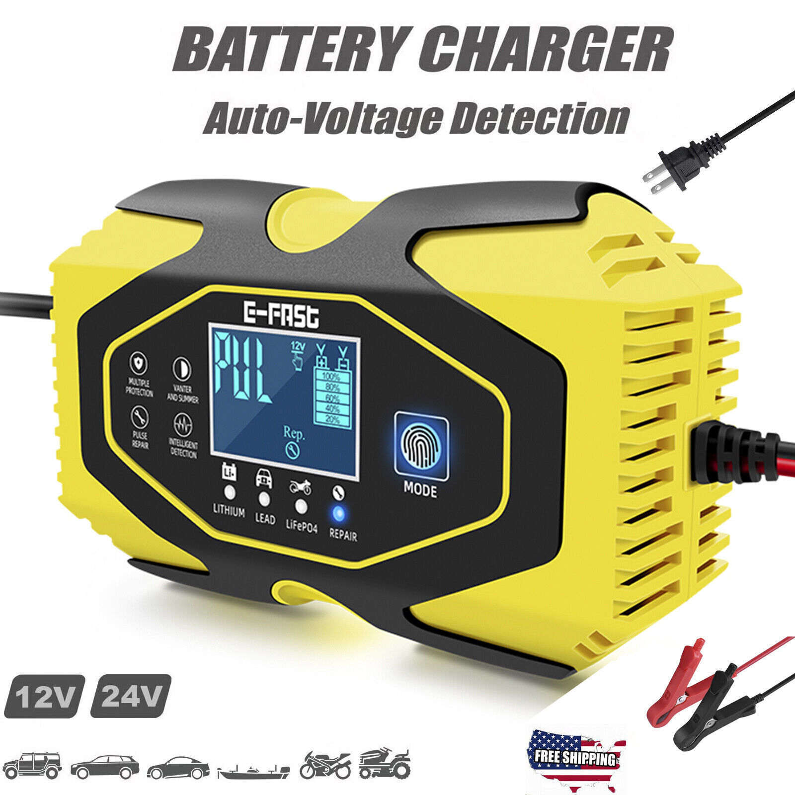 12V/24V Battery Intelligent Automatic Charger Lead-acid AGM GEL& Lithium LiFePO4