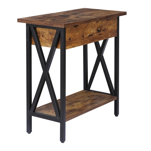 Set of 2 Flip Top End Tables Narrow Side Table W/ Charging Station Rustic Brown