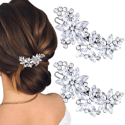ANCIRS 2pcs Crystal Flower Hair Clips for Wedding, Silver Wedding Hair Pins, ...