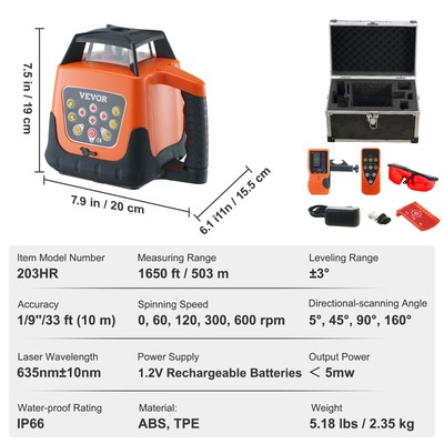 360°Automatic Self Leveling Rotary Rotating Laser Level Red Beam 500m Range Tool