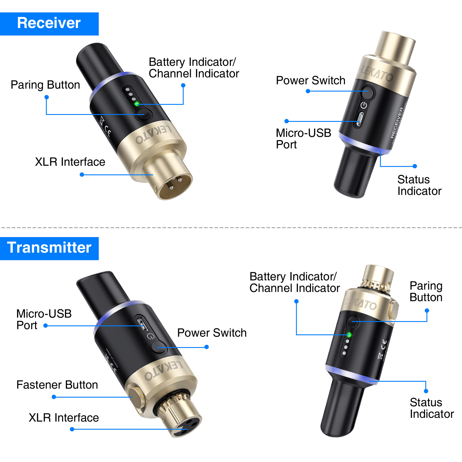 LEKATO MW-1 XLRワイヤレスシステム LEKATO MW-1 5.8GHz Wireless Microphone System Plug On XLR