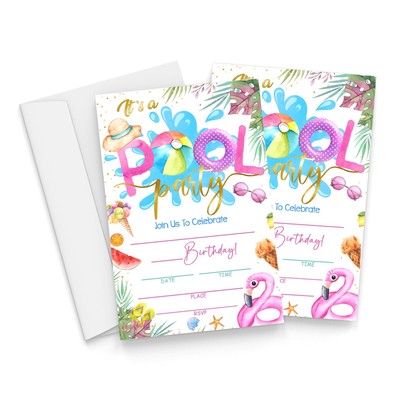 Flamingo Pool Birthday Invitations with Envelopes - 20 Pieces Summer Kids Bir...