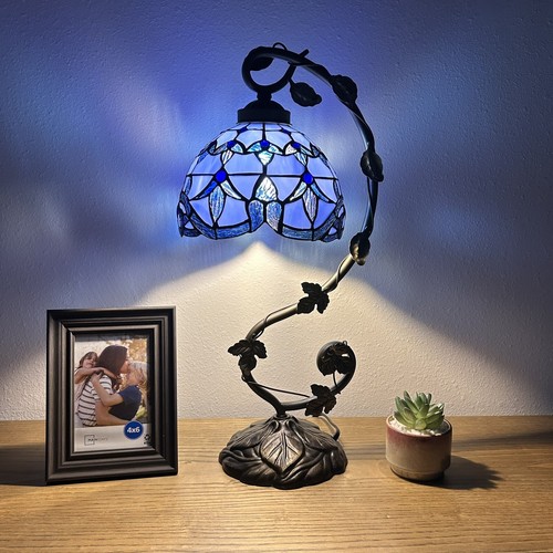 Tiffany Style Table Lamp Baroque Style Lavender Blue Stained Glass 21"H
