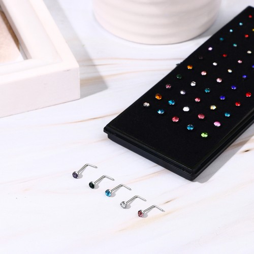 60Pcs 20G L-Shaped CZ Nose Rings Bone Stud Stainless Steel Body Piercing Jewelry