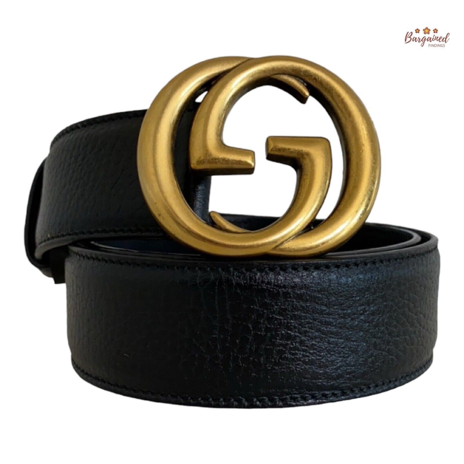 Authentic Gucci Black Pebbled Calfskin Leather Gold Double G