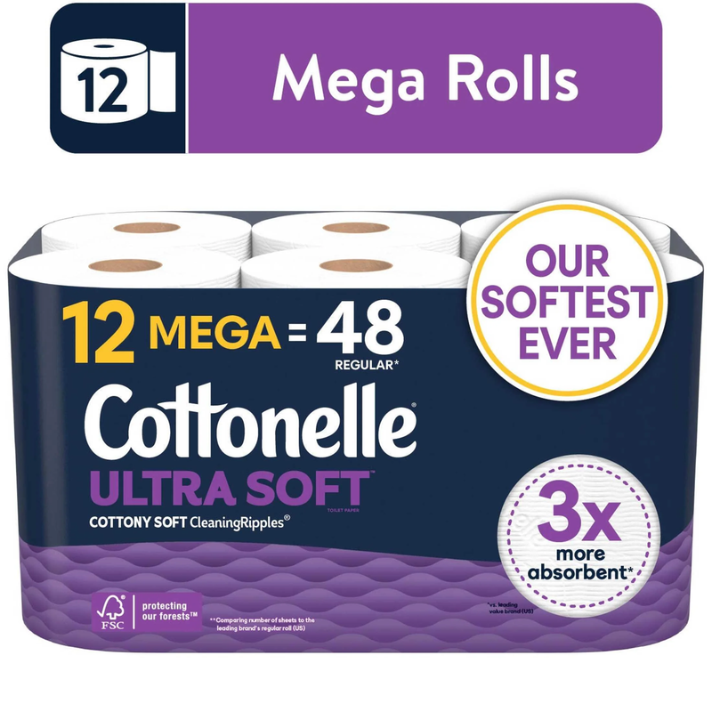 Ultra Soft Toilet Paper, Strong Toilet Tissue, 12 Mega Rolls