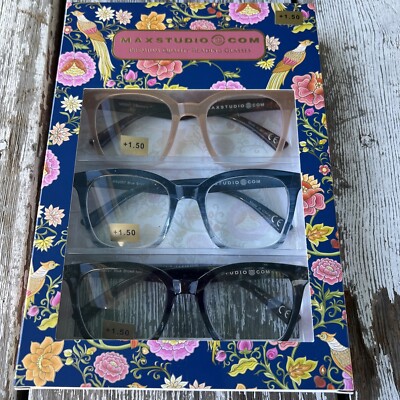 MAX STUDIO 3 PACK PREMIUM READING GLASSES READERS +1.50 NEW AUTHENTIC BLK & BLUE