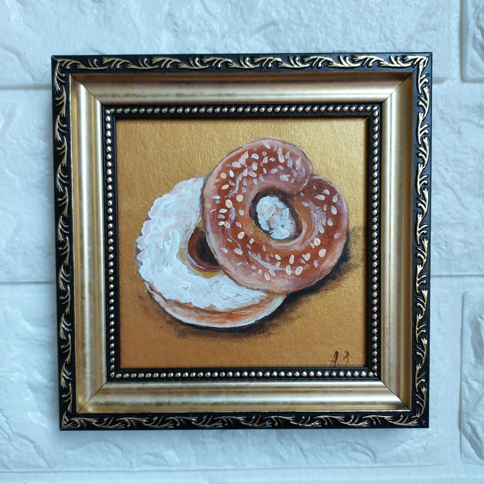 Bagel Painting Still Life Loaf of Bagel Art Dessert Hand Paint Gold FRAMED Art