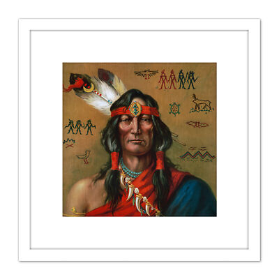 Native American Indigenous Man Portrait Painting Square Framed Wall Art 8X8 In