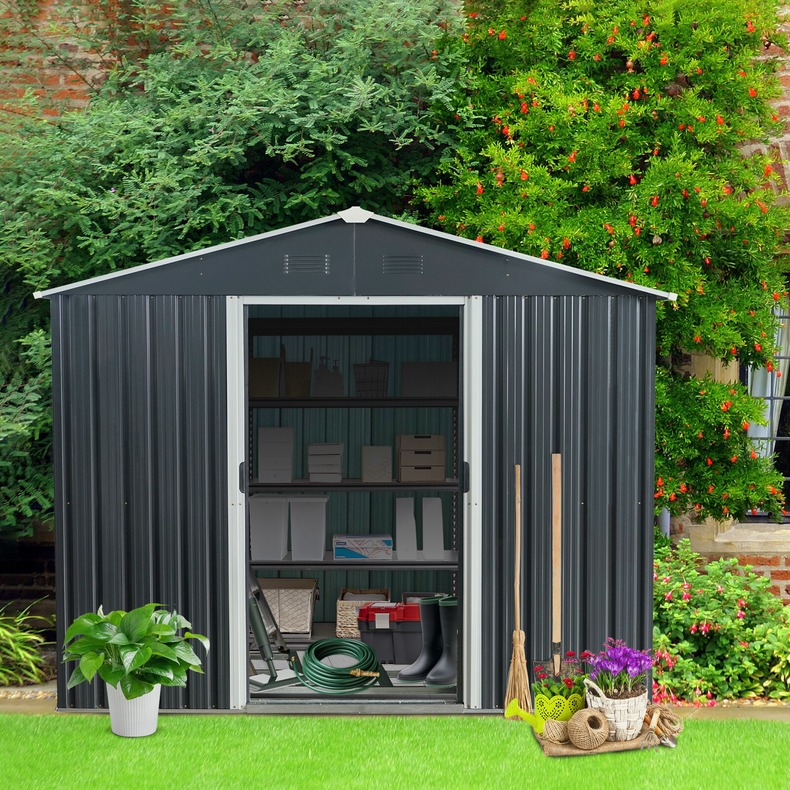 Outdoor Metal Storage Shed with Floor Base Sliding Doors and Padlock for Patio