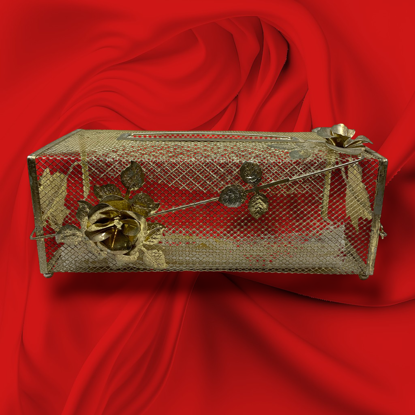 Vtg Hollywood Regency Gold Metal Mesh Tissue Box Cover Holder Floral Roses MCM  - Picture 2 of 5