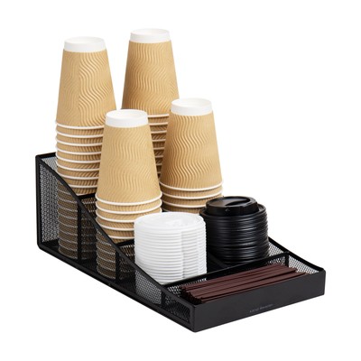 Mind Reader Cup and Condiment Station, Countertop Organizer Metal Mesh, Black