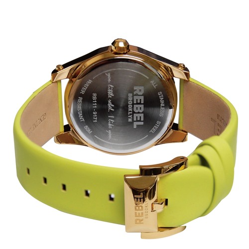 Pre-owned Rebel Women's Rb111-9171 Gravesend Gold Ip Steel Lime-green Leather Wristwatch