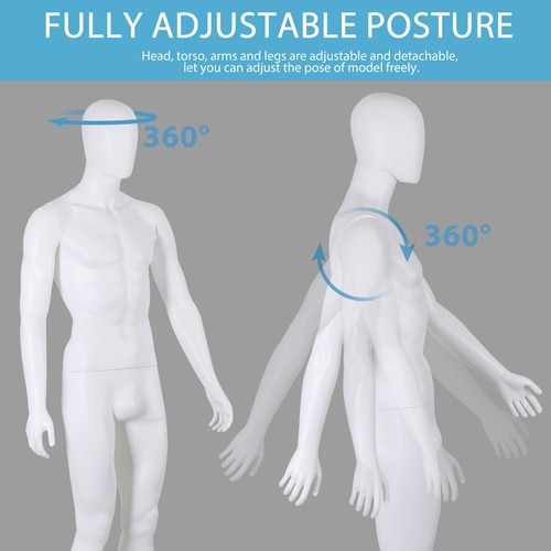 Male Mannequin Full Body Dress Form Adjustable 73Inch Realistic Detachable White