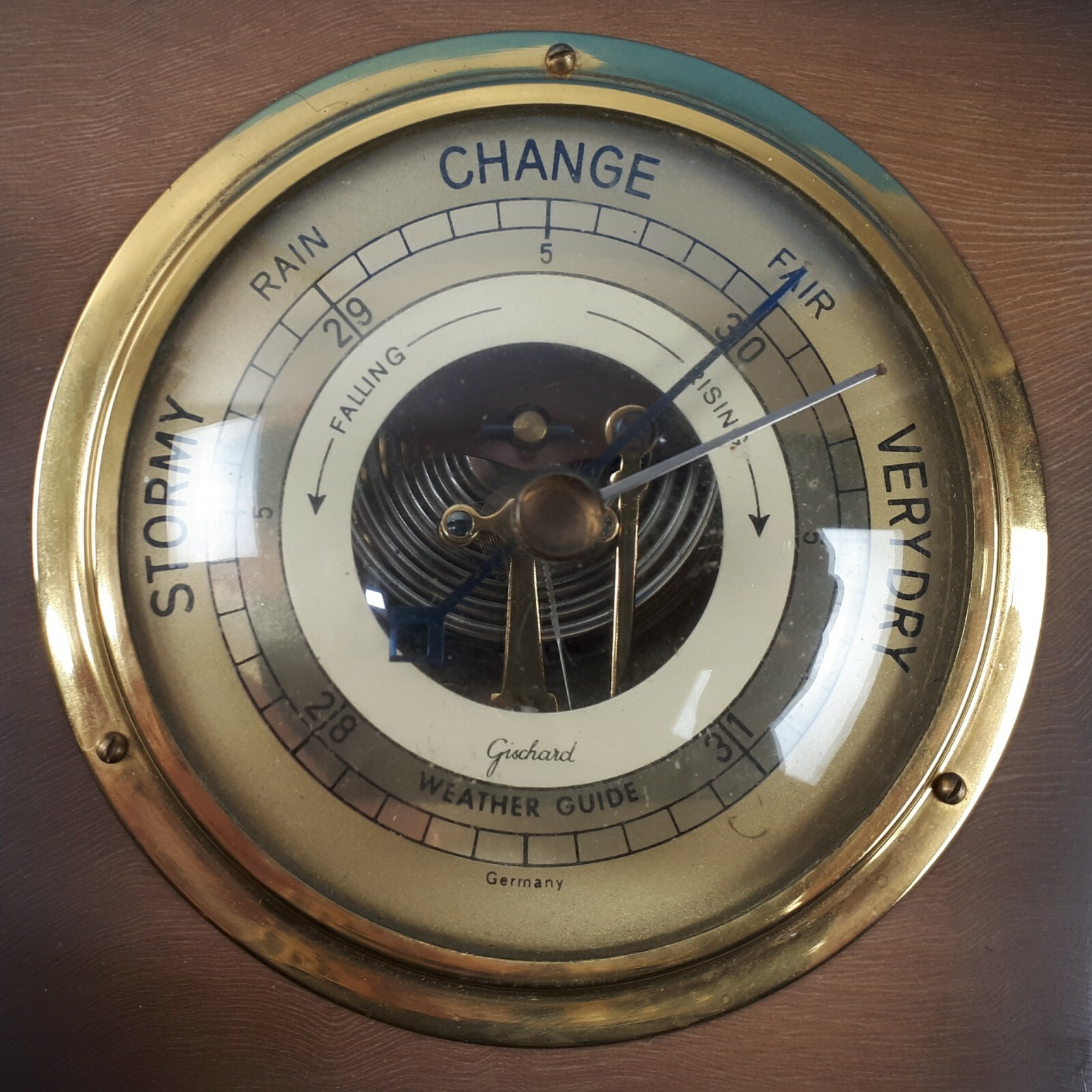 Vintage Gischard Germany Barometer Wood & Brass Wall Hanging