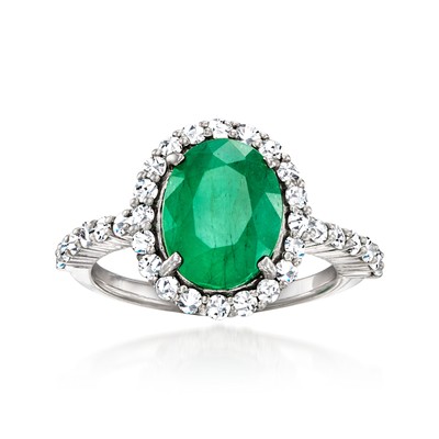 2.50 Carat Emerald and .58 ct. t.w. Diamond Ring in 14kt White Gold. Size 7