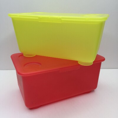 Set 2 IKEA GLIS Stackable Storage Box Snap Lid Yellow Red Toy Pens Accessories