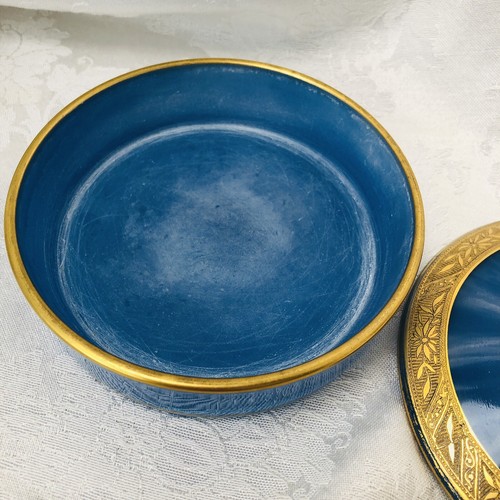 Fostoria Antique Blue Gold Perfume Bottle - Powder Dish Glass Stopper Combo Set