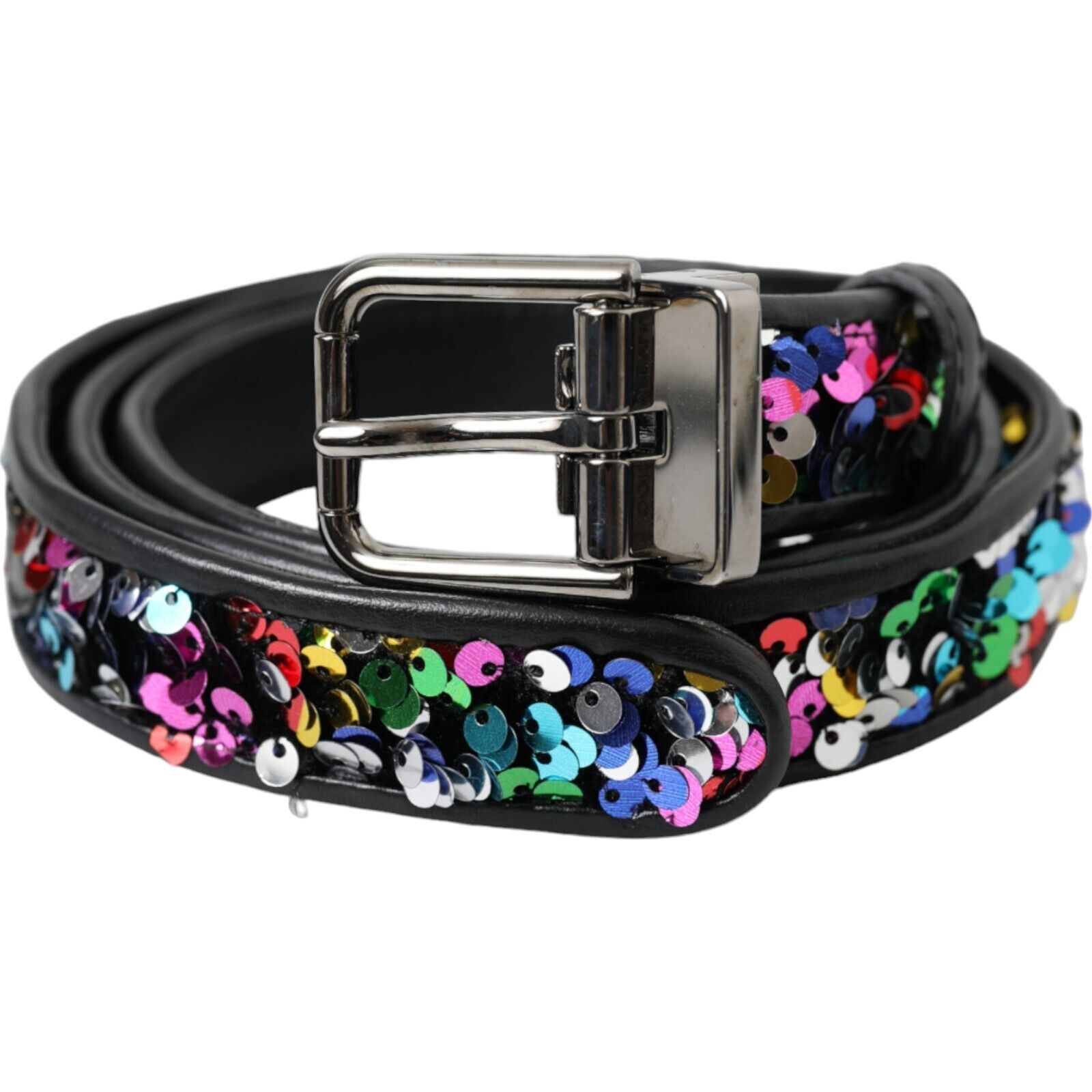 DOLCE & GABBANA Belt Black Sequined Silver Metal Buckle DOLCE & GABBANA Belt Black Sequined Silver Metal Buckle