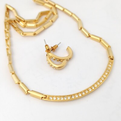 Vintage Set Gold Tone Rhinestone Chocker Collar Earrings Dainty Bar Link Classic