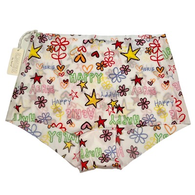 NWT AERIE Smoothez Mid Rise Cheeky S-M-L-XL-XXL White Multicolor Graffiti Print