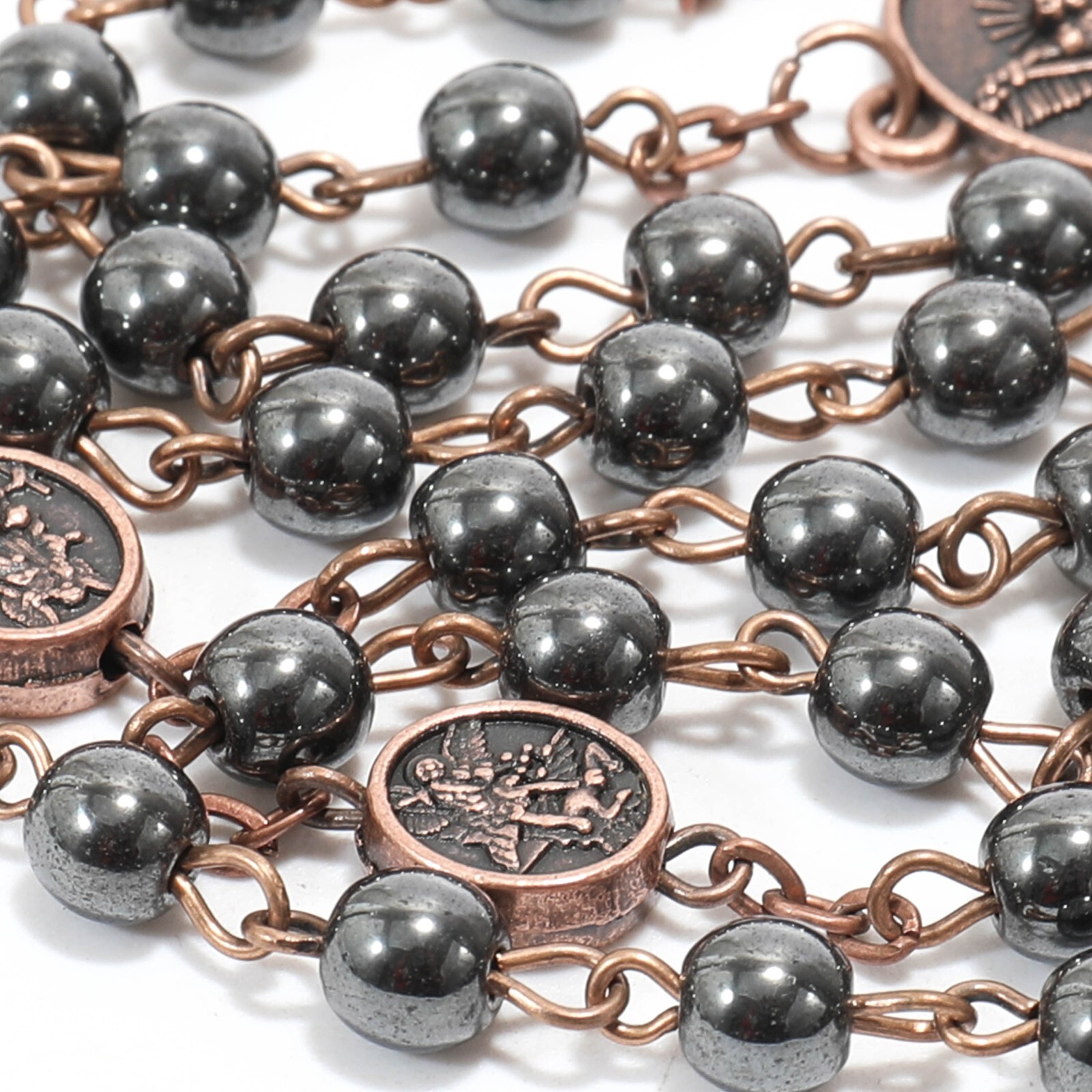 Antique Copper St Michael Black Hematite Stone Beads Rosary Necklace - Metal Box