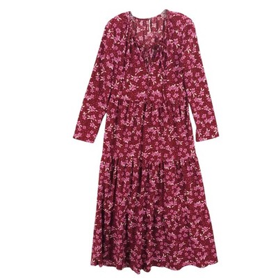 FREE PEOPLE Tiers Of Joy Floral Maxi Dress Tie V-Neck Tiered EUC Size LARGE