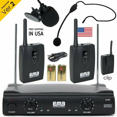 Professional Wireless Microphone System Headset / Lavalier 2 x Mic w/ Receiver