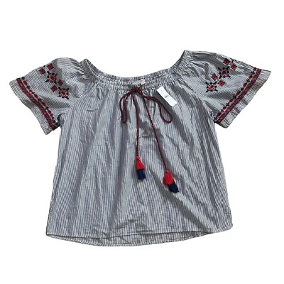 NEW Ann Taylor Loft Embroidered Shirt Off Shoulder Stripes Women's Medium Boho