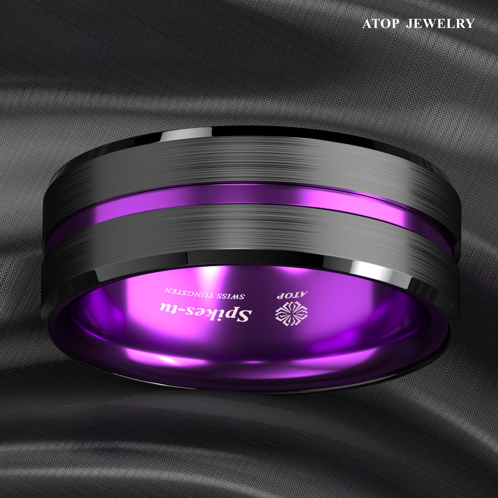 8/6mm Black Tungsten Carbide Thin Purple Line Wedding Band Ring ATOP Men Jewelry