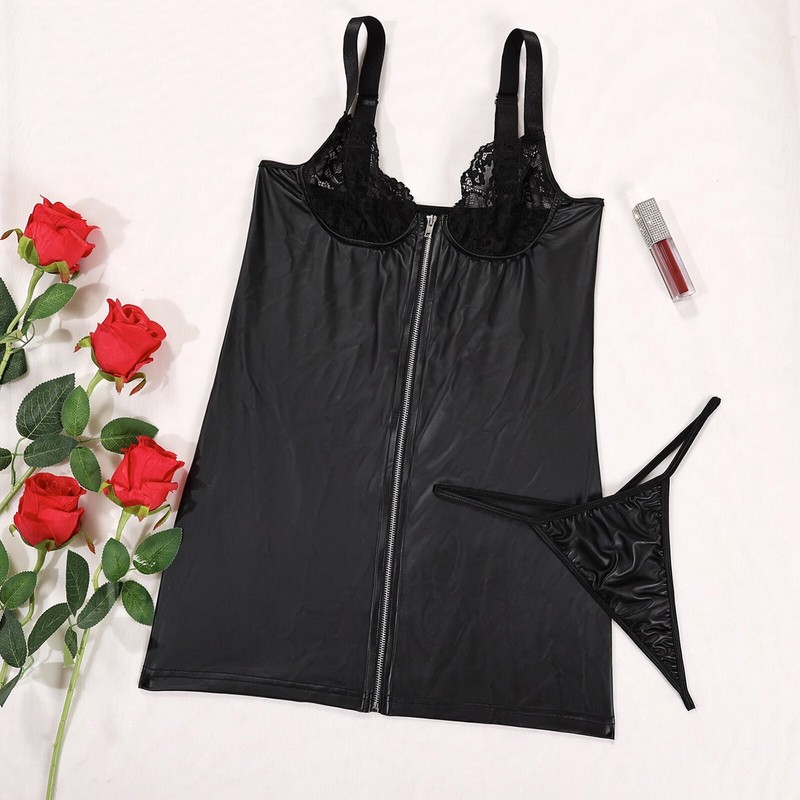 Women’s 2-Piece Wet Look PU Leather Dress – Halter Neck With Removable Sleeves, Slit Bodycon For Night Out & Cosplay