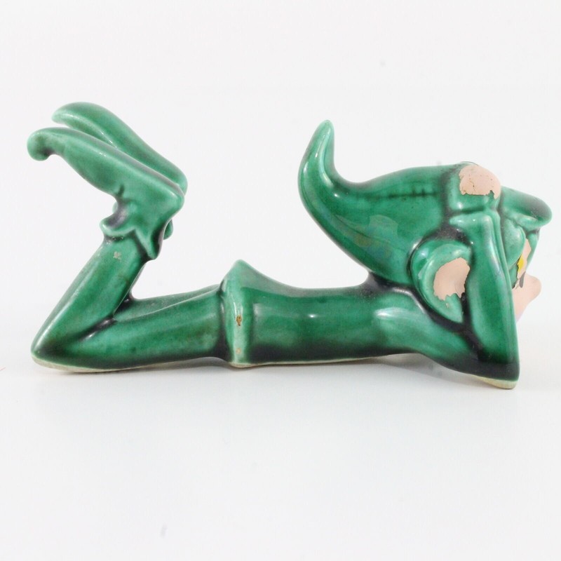 Vintage Green Suit Reclining Ceramic Pixie Japan 3.25 In