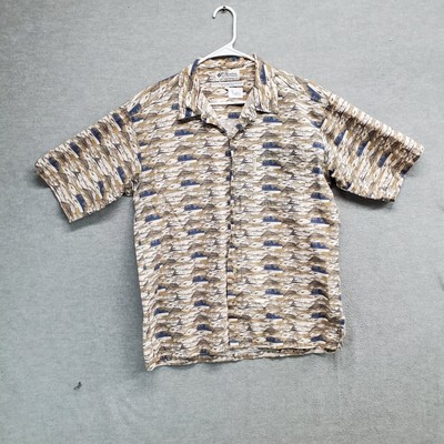 Columbia Men Button Up Shirt Medium Brown Fish AOP Short Sleeve Collar