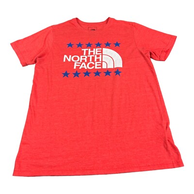 The North Face T-Shirt Men Size LARGE Solid Red Orange Logo Spellout S/S G20