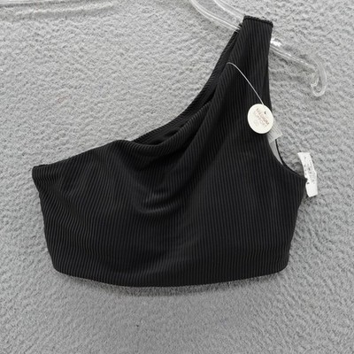 CALIA Womens XS Minimal One Shoulder Bikini Top Black Ribbed Medium Support NEW