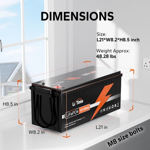 Litime LiFePO4 12V 200Ah Lithium Battery 2560Wh for RV Solar Trolling Motor
