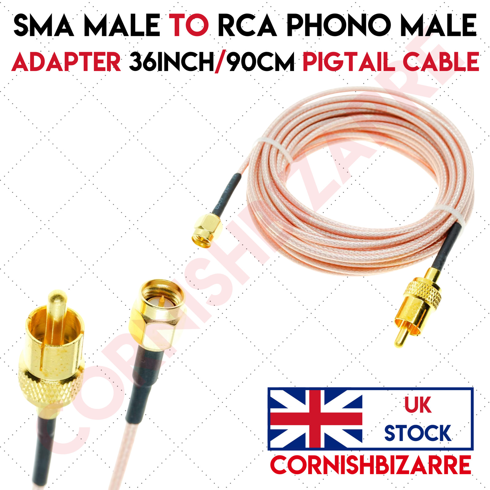 90CM SMA MALE TO RCA PHONO MALE ADAPTER CONNECTOR CABLE PIGTAIL RG174 - UK