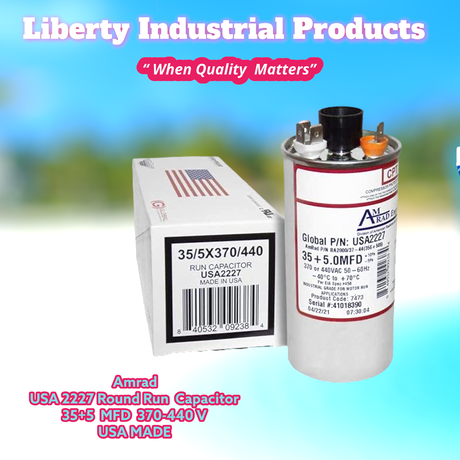 AmRad USA2227 Run Capacitor 35 + 5 uf MFD 370 - 440 Volt Mad