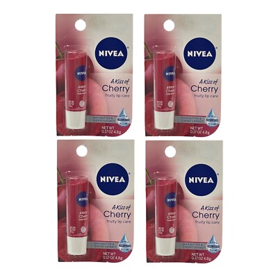 4 Pack Nivea A Kiss of Cherry Tinted Lip Care 0.17 oz Shea Butter Cherry Extract