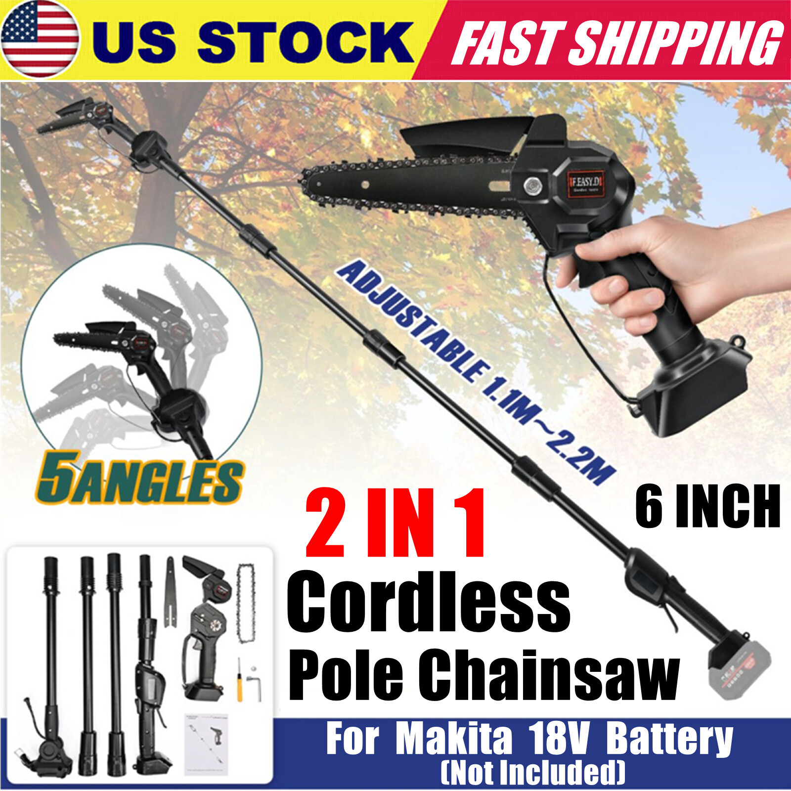 2 in 1 Cordless Pole Saw Chainsaw Tree Trimmer Extension for Makita 18V Battery