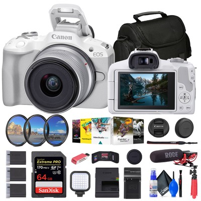 Canon EOS R50 Mirrorless Camera with 18-45mm Lens (White) + 64GB Card + Bag +