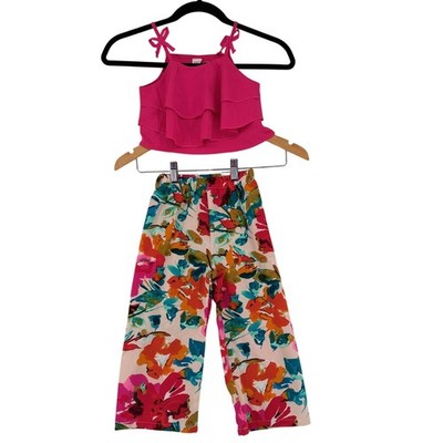 SHEIN Girls 2PC Set Hot Pink Ruffle Cami Top and Floral Wide Leg Pants Size 4Y