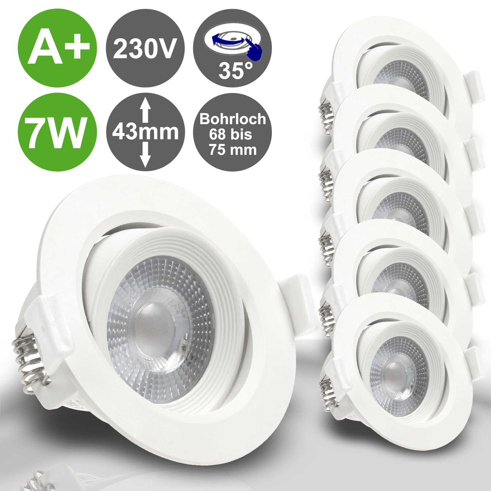 5x LED 230V Einbaustrahler ultra flach 7W WW Set Einbau Spots Leuchte MERA rund