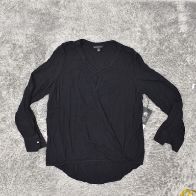 NEW Rock & Republic Women's Size L Blouse Top Long Sleeve Black Solid Rayon V-Ne