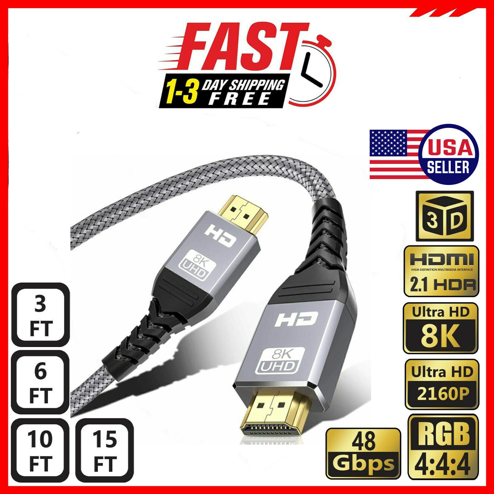 8K HDMI 2.1 UHD Cable HDTV 3D 2160P HDR 120Hz 48Gbps Dolby HDCP 2.2 RGB 4:4:4