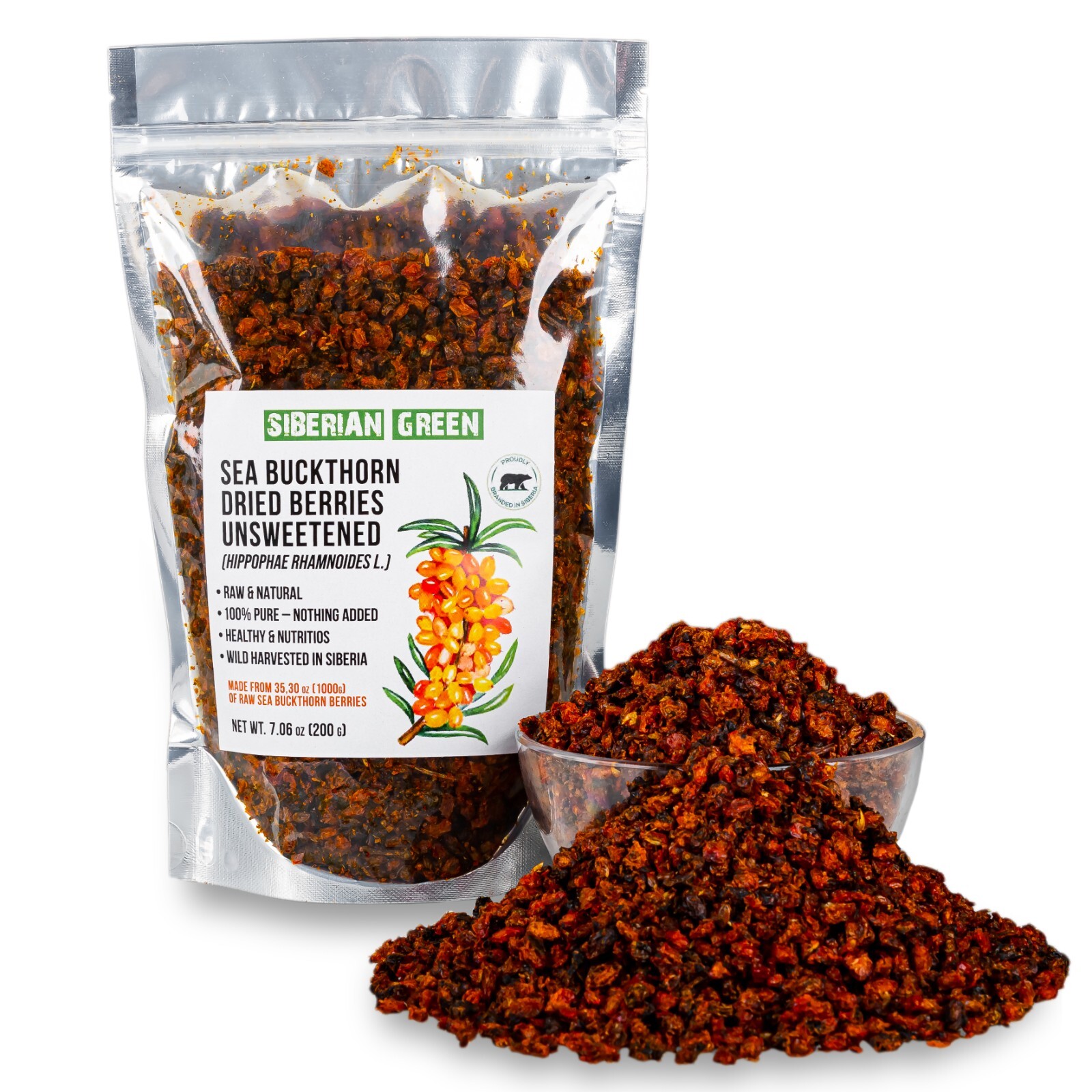 Siberian Sea Buckthorn Dried Berries 200g (7.06 oz) Raw Wild Hippophae Oblepiha