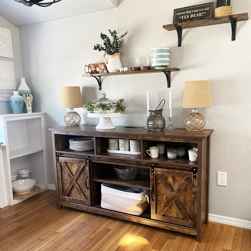 Farmhouse LED Coffee Bar Cabinet Barn Door Sideboard Buffet with Power Outlet